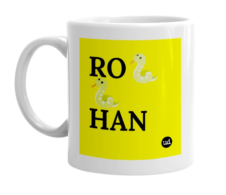 White mug with 'RO🐍🐍HAN' in bold black letters