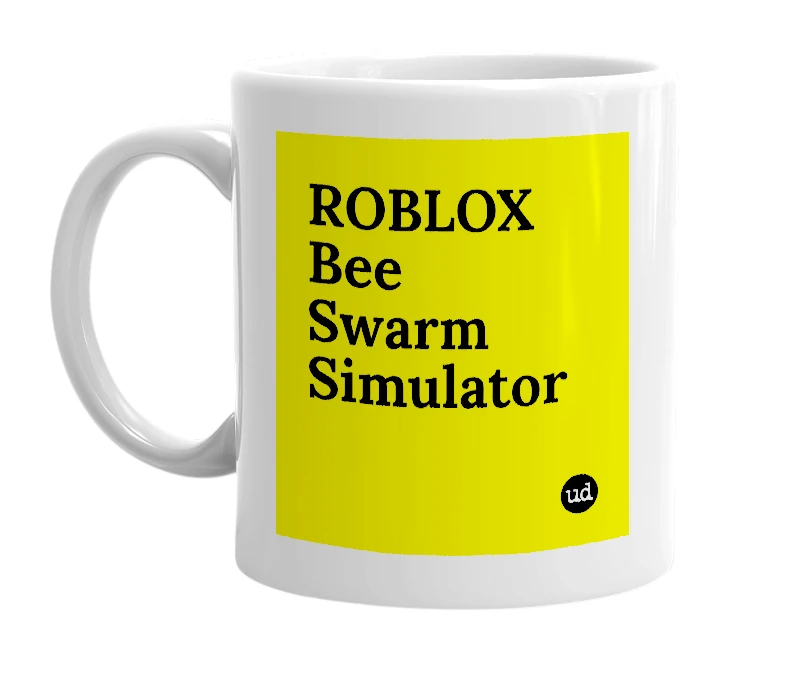 White mug with 'ROBLOX Bee Swarm Simulator' in bold black letters