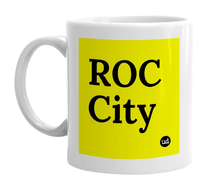 White mug with 'ROC City' in bold black letters