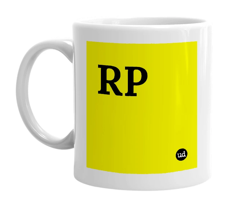 White mug with 'RP' in bold black letters