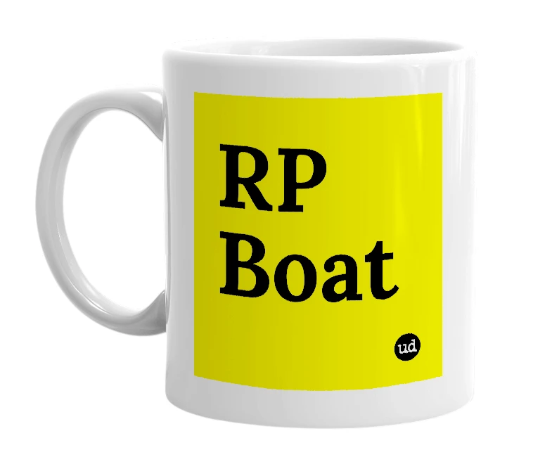 White mug with 'RP Boat' in bold black letters