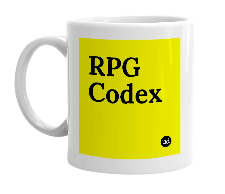 White mug with 'RPG Codex' in bold black letters