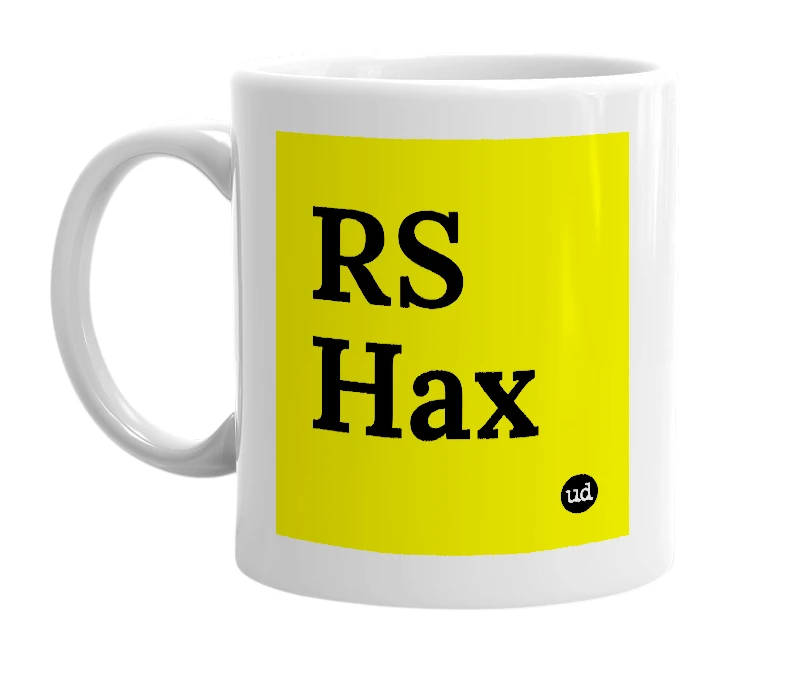 White mug with 'RS Hax' in bold black letters