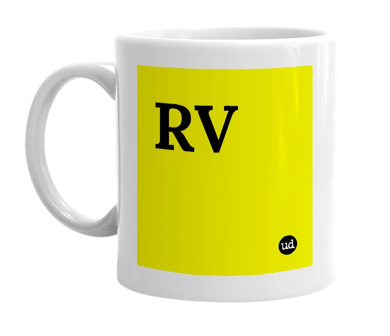 White mug with 'RV' in bold black letters