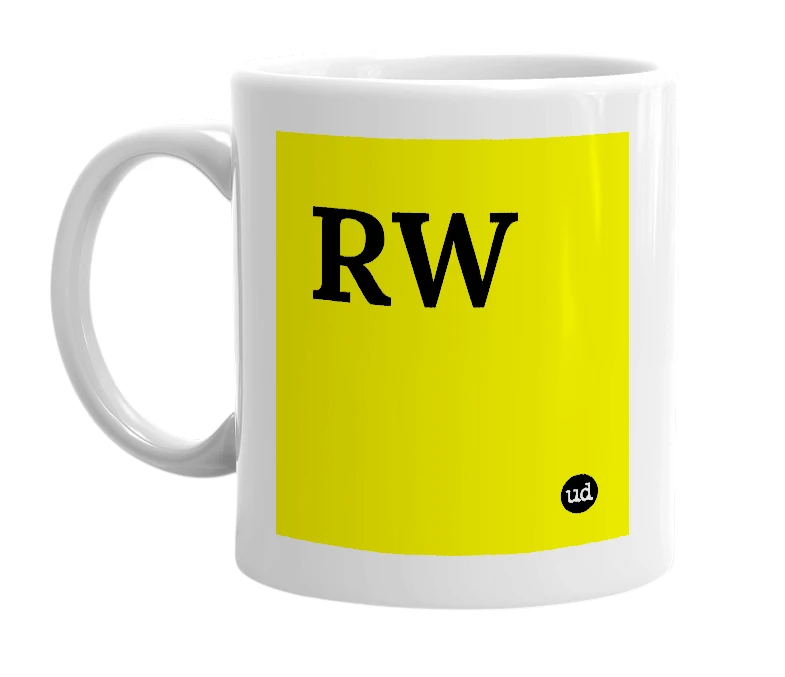 White mug with 'RW' in bold black letters