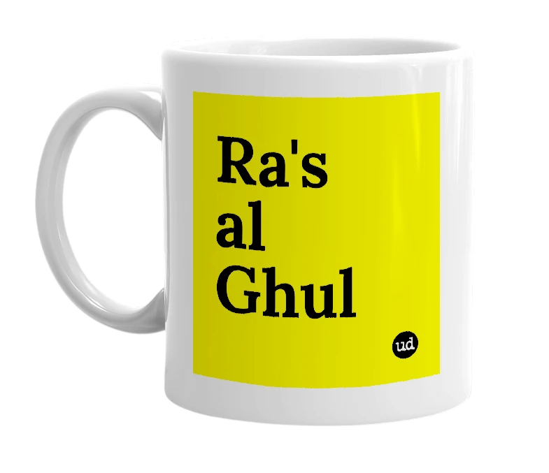 White mug with 'Ra's al Ghul' in bold black letters