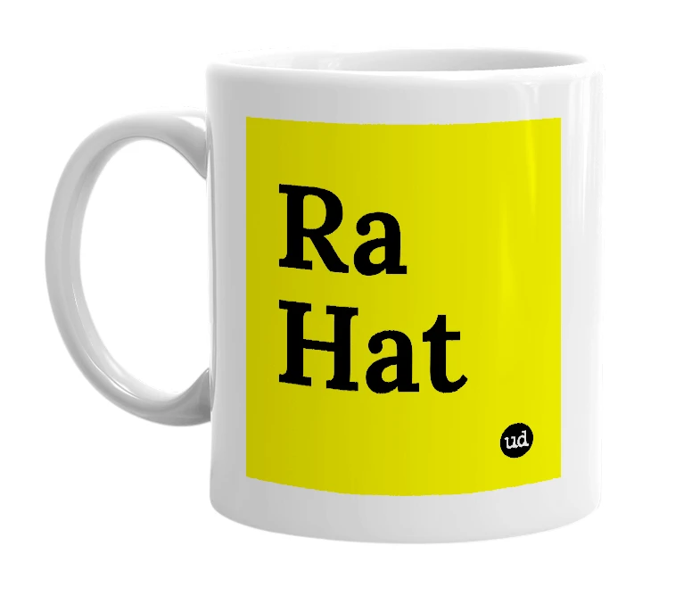 White mug with 'Ra Hat' in bold black letters