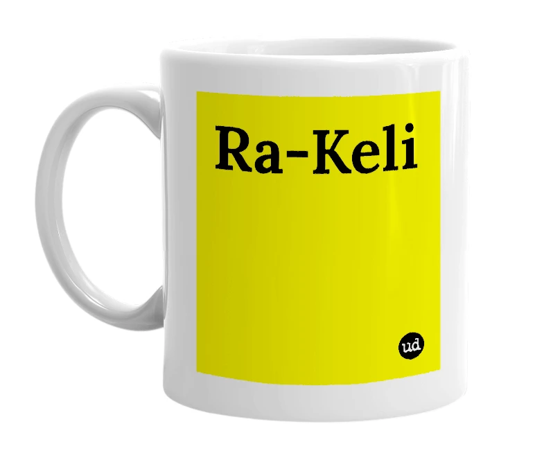 White mug with 'Ra-Keli' in bold black letters