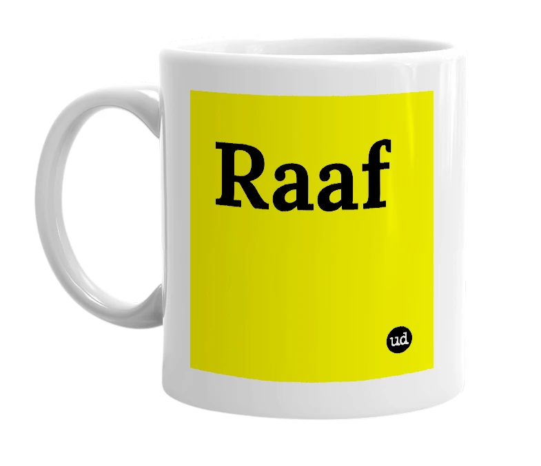 White mug with 'Raaf' in bold black letters