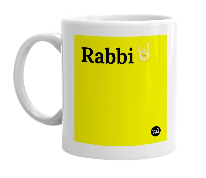 White mug with 'Rabbi🤘' in bold black letters