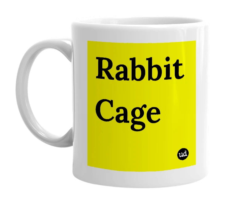 White mug with 'Rabbit Cage' in bold black letters