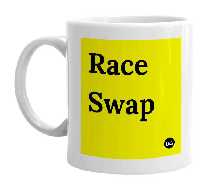White mug with 'Race Swap' in bold black letters