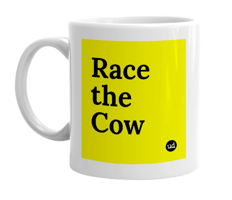 White mug with 'Race the Cow' in bold black letters