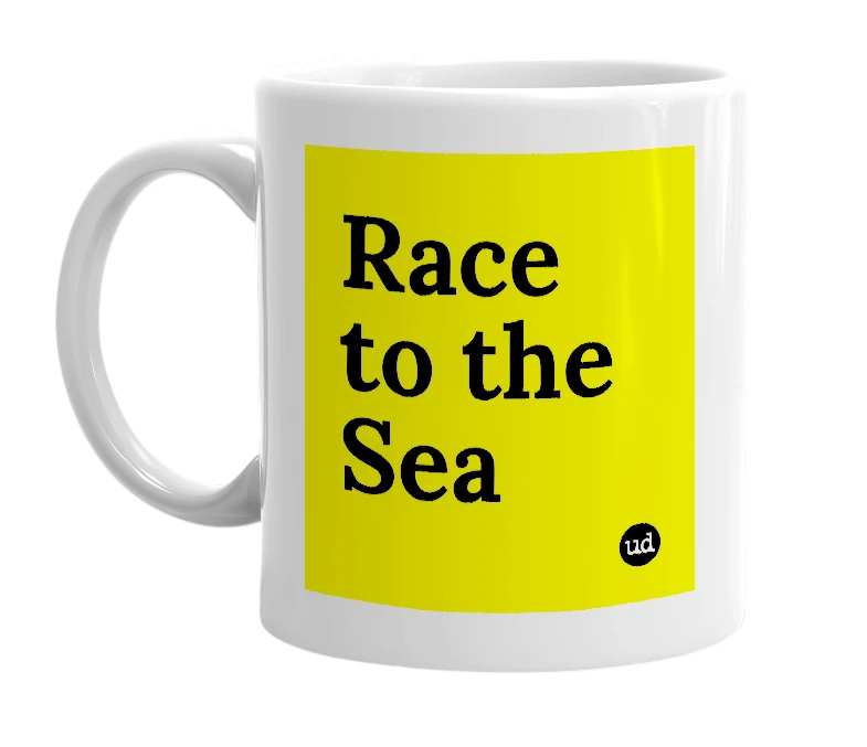 White mug with 'Race to the Sea' in bold black letters