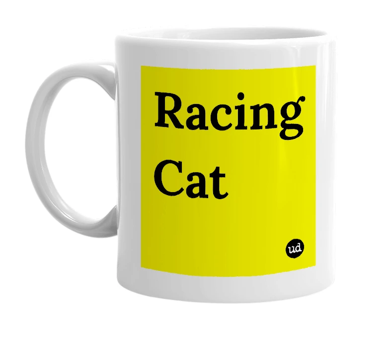 White mug with 'Racing Cat' in bold black letters