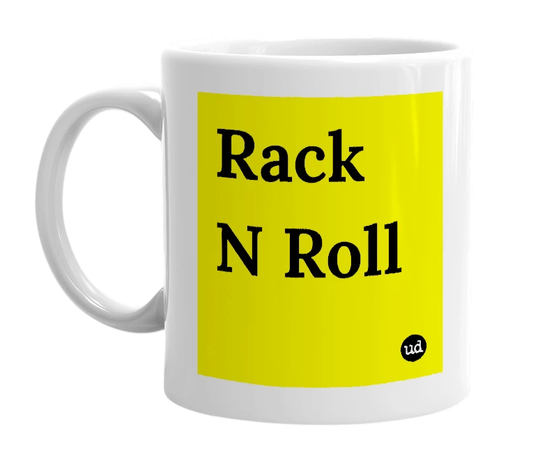 White mug with 'Rack N Roll' in bold black letters