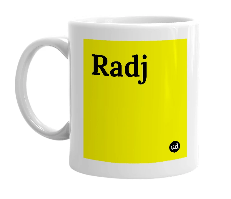 White mug with 'Radj' in bold black letters