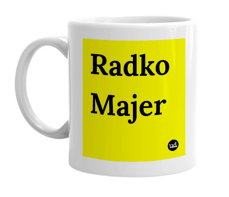 White mug with 'Radko Majer' in bold black letters