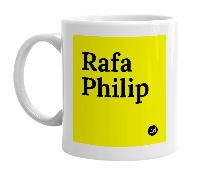 White mug with 'Rafa Philip' in bold black letters