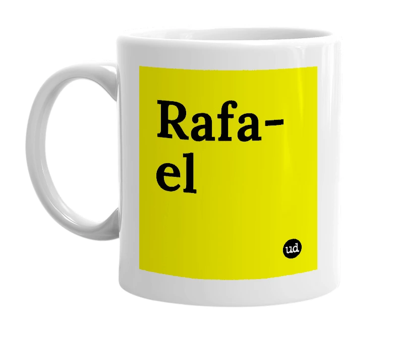 White mug with 'Rafa-el' in bold black letters