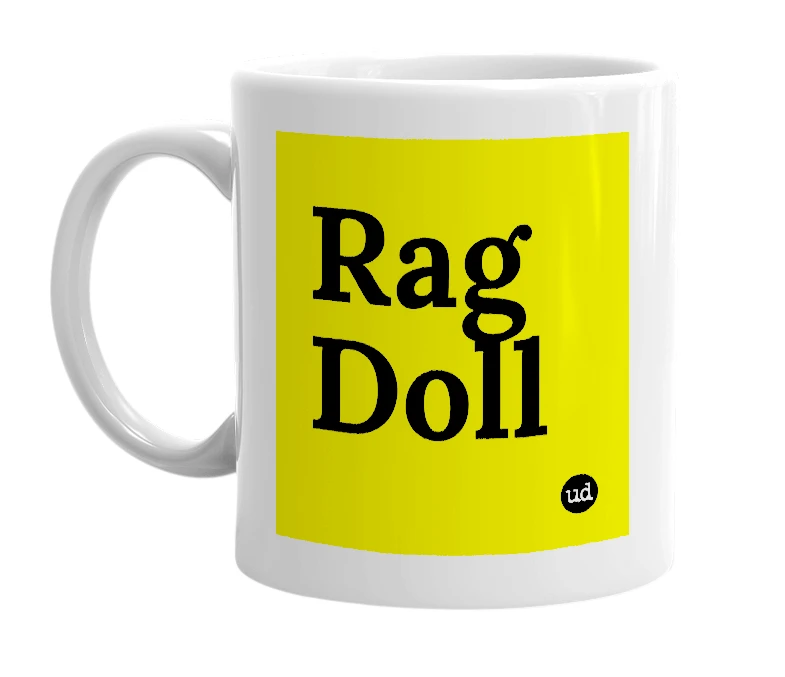 White mug with 'Rag Doll' in bold black letters