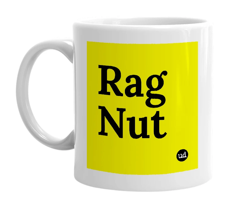 White mug with 'Rag Nut' in bold black letters