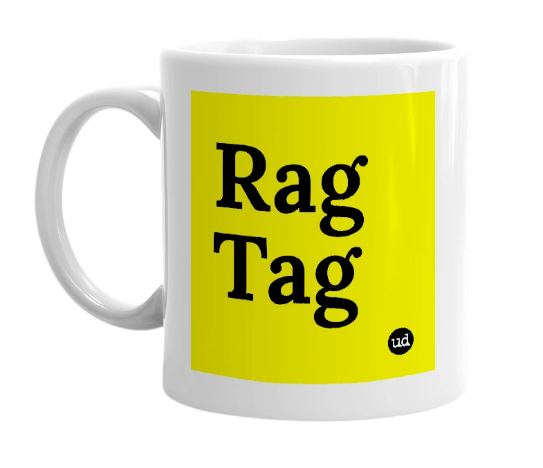 White mug with 'Rag Tag' in bold black letters