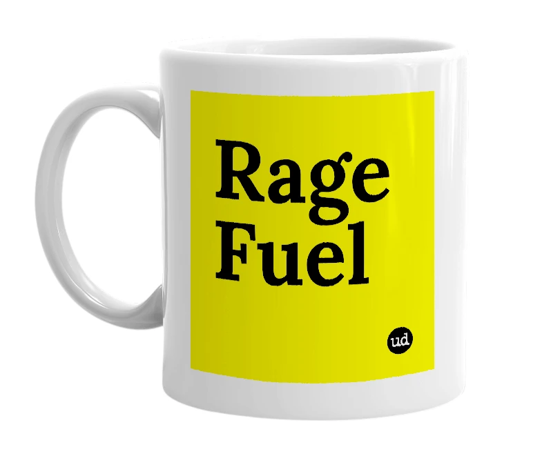 White mug with 'Rage Fuel' in bold black letters