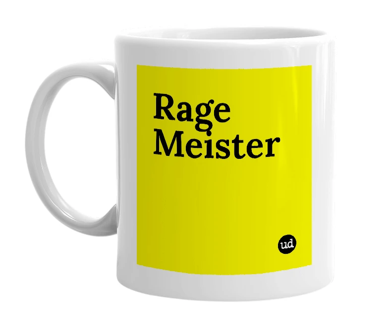 White mug with 'Rage Meister' in bold black letters