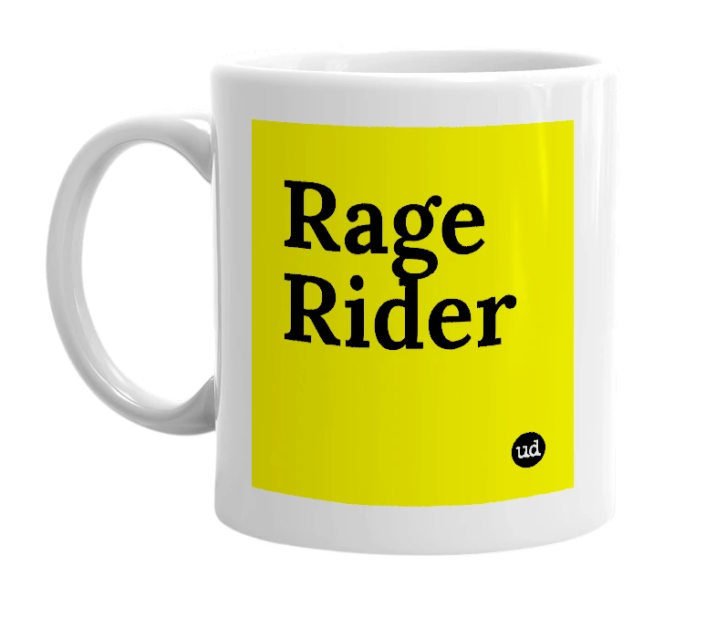White mug with 'Rage Rider' in bold black letters