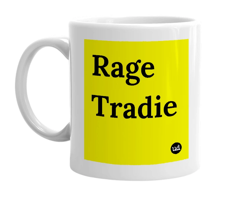 White mug with 'Rage Tradie' in bold black letters