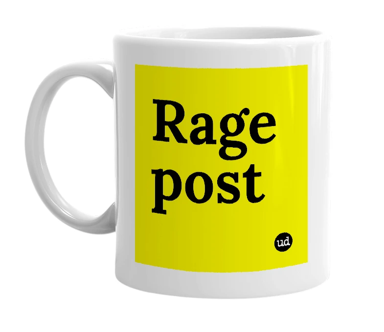 White mug with 'Rage post' in bold black letters
