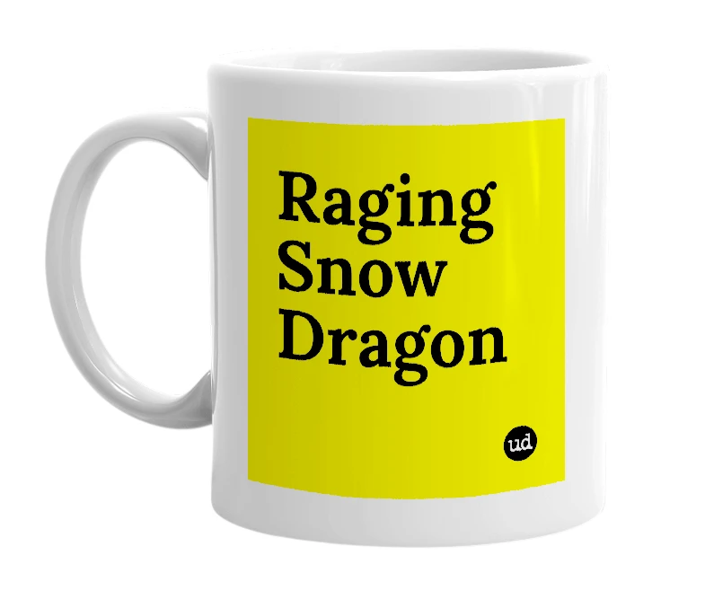 White mug with 'Raging Snow Dragon' in bold black letters