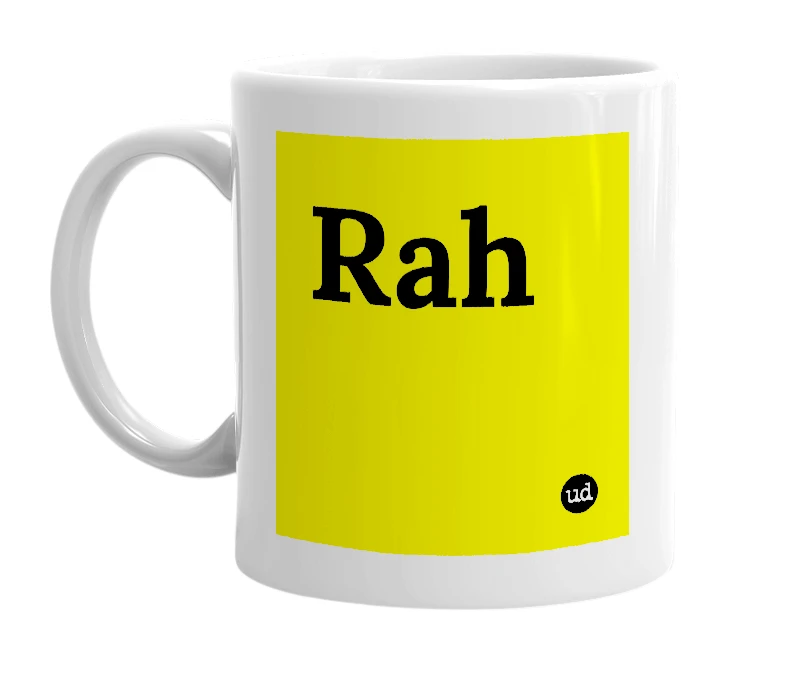 White mug with 'Rah' in bold black letters