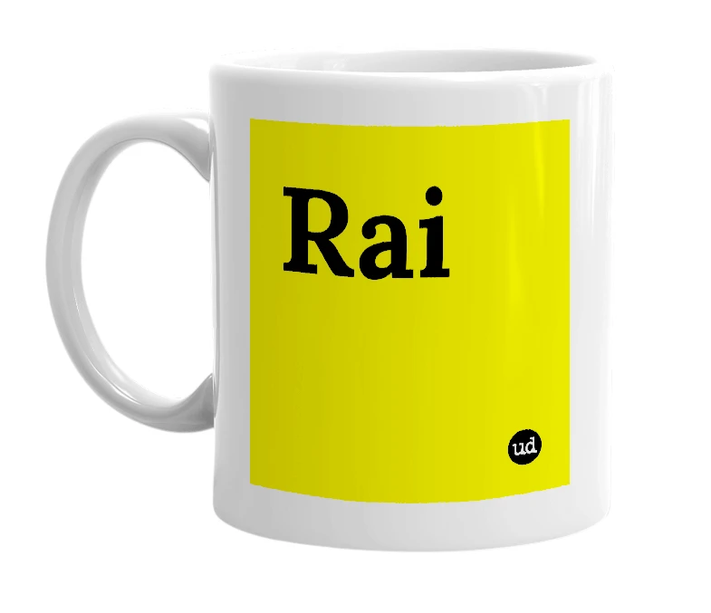 White mug with 'Rai' in bold black letters