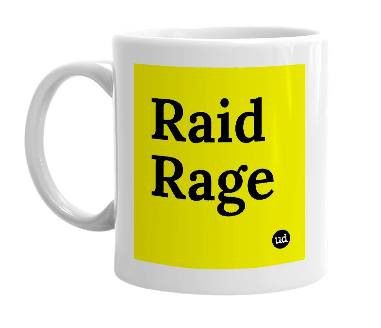 White mug with 'Raid Rage' in bold black letters