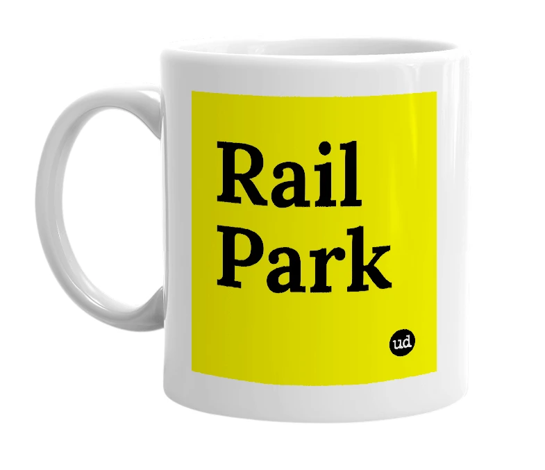 White mug with 'Rail Park' in bold black letters