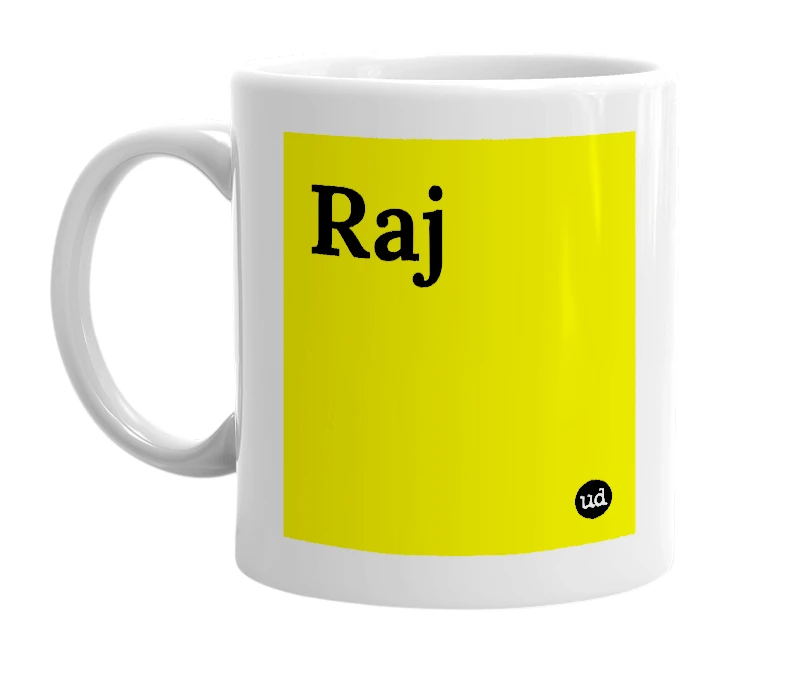White mug with 'Raj' in bold black letters