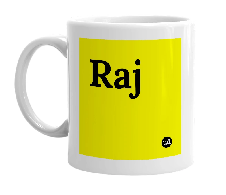 White mug with 'Raj' in bold black letters
