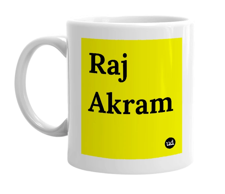 White mug with 'Raj Akram' in bold black letters