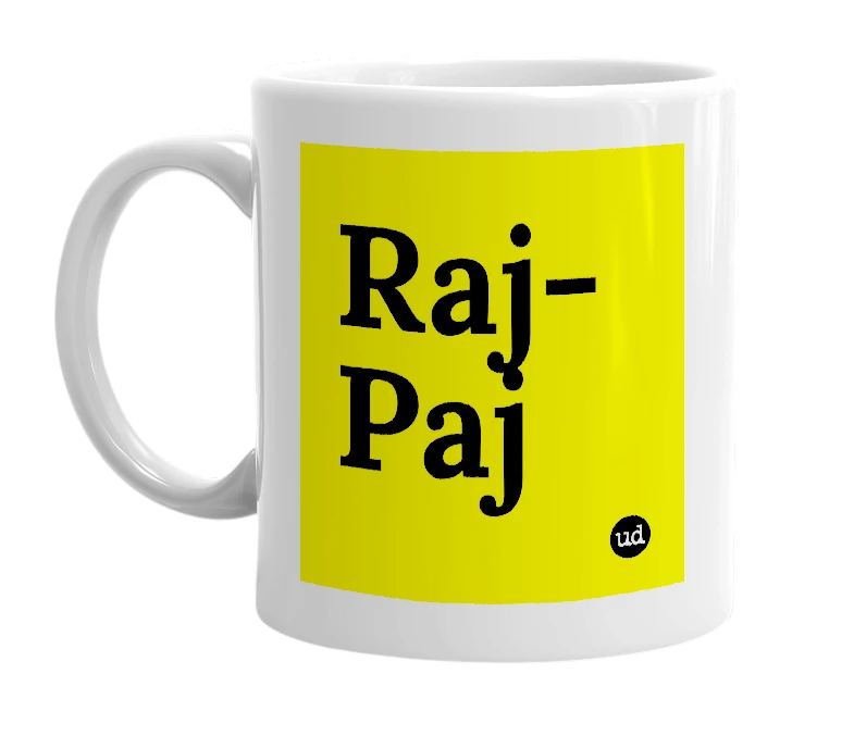 White mug with 'Raj-Paj' in bold black letters