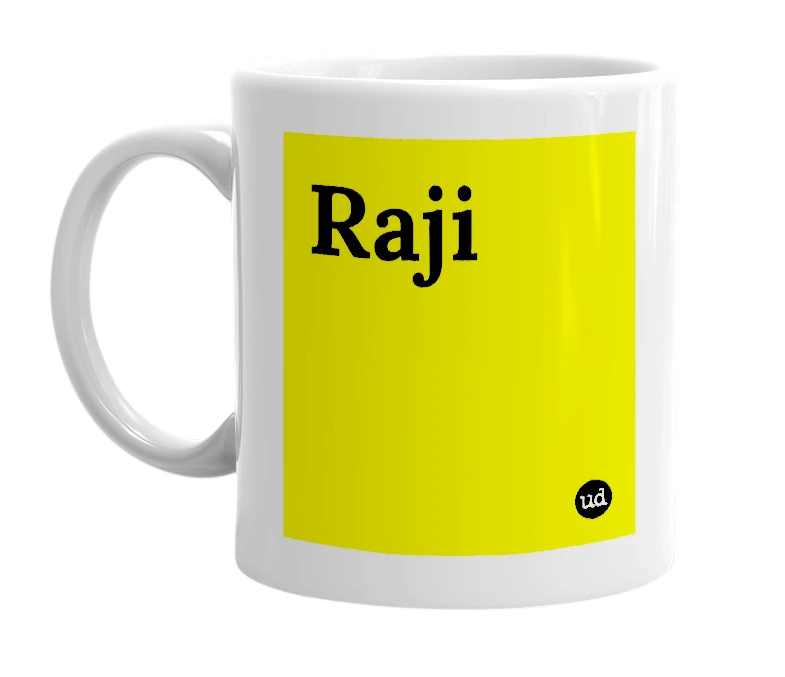 White mug with 'Raji' in bold black letters
