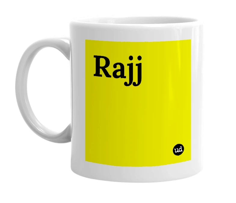 White mug with 'Rajj' in bold black letters