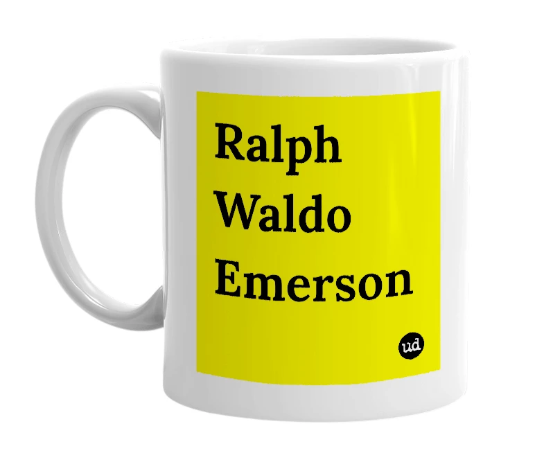 White mug with 'Ralph Waldo Emerson' in bold black letters