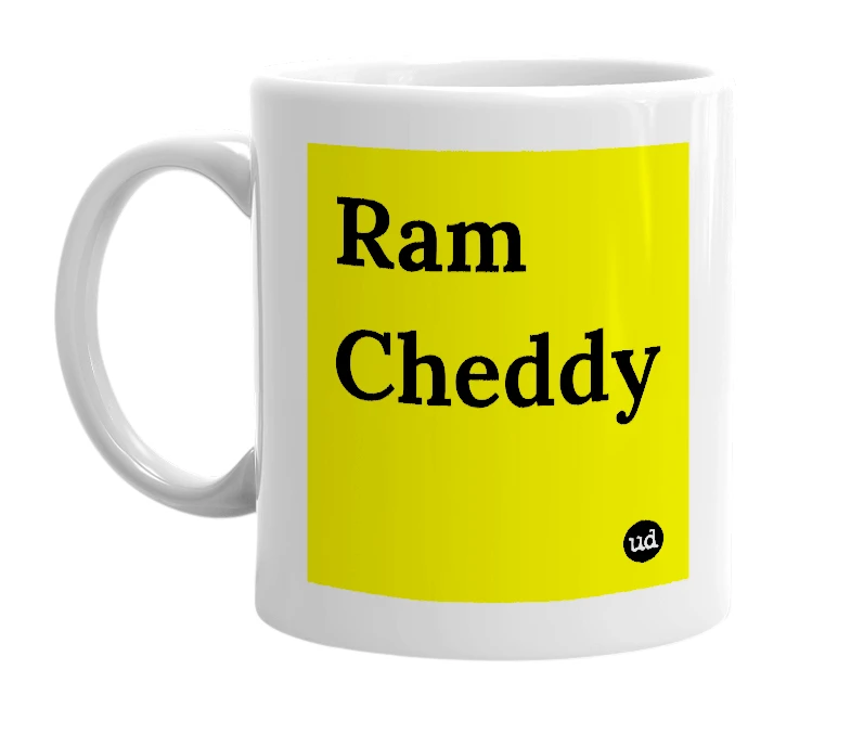 White mug with 'Ram Cheddy' in bold black letters