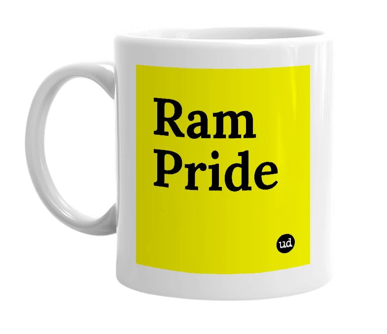 White mug with 'Ram Pride' in bold black letters