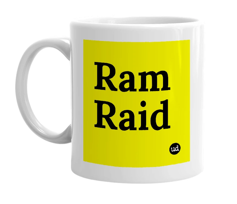 White mug with 'Ram Raid' in bold black letters