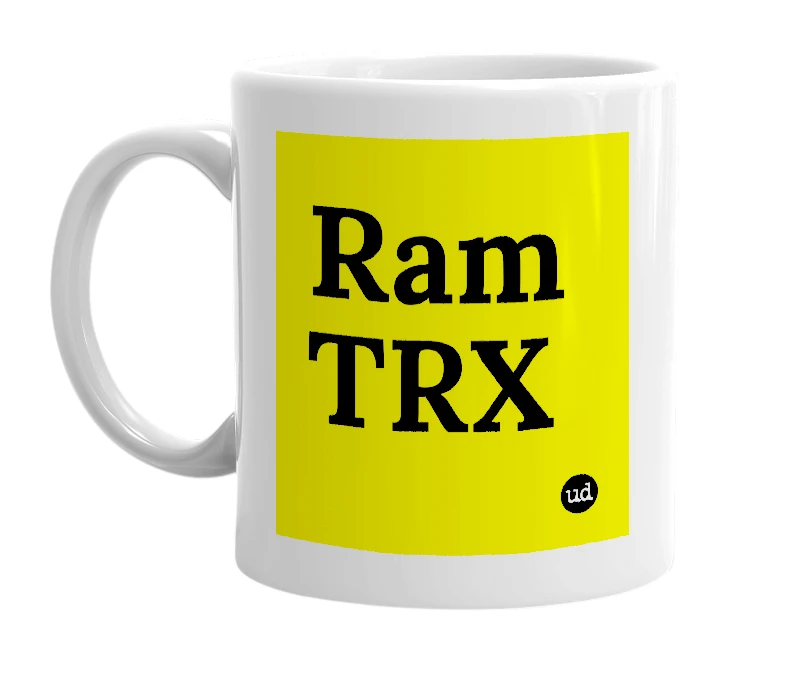 White mug with 'Ram TRX' in bold black letters