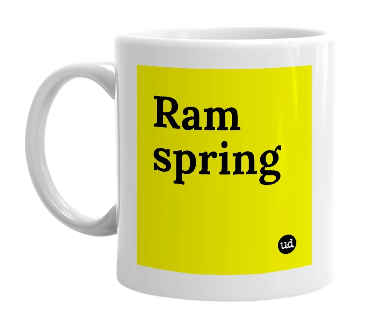 White mug with 'Ram spring' in bold black letters