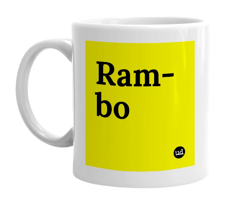 White mug with 'Ram-bo' in bold black letters
